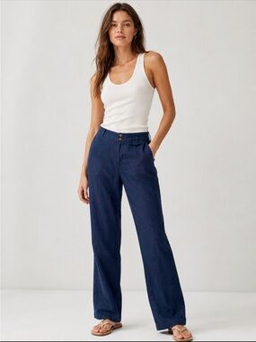 Long Tall Sally Linen Blend Straight Leg Trousers Navy NWT Women’s US 12 Tall